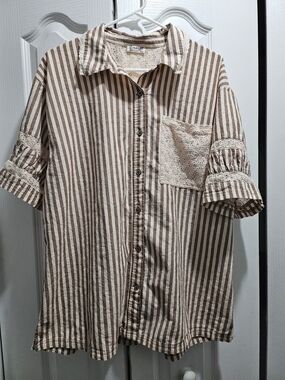 Free People Cream & Brown Striped Eyelet Blouse
